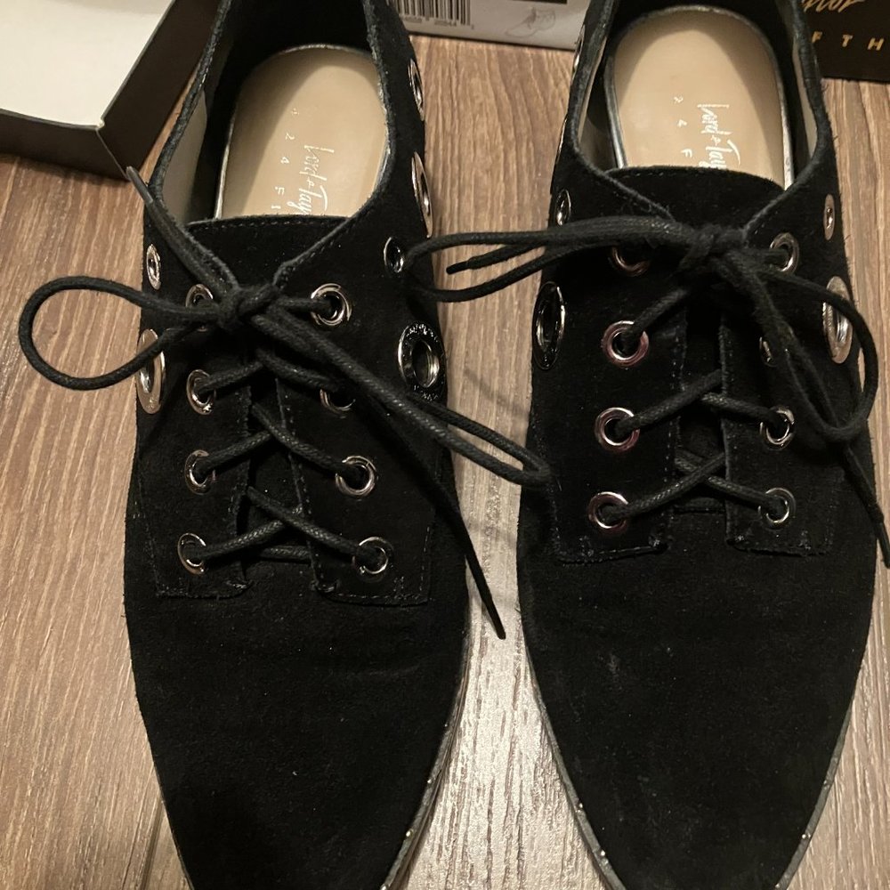 Black suede embellished low-heel shoes